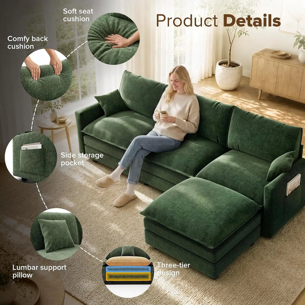 108 Inch Cloud Couch Sectional, Modular Sectional Sofa with Ottoman, Green