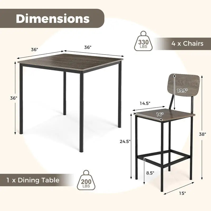 5 Piece Counter Height Table Set With 4 Bar Stools,