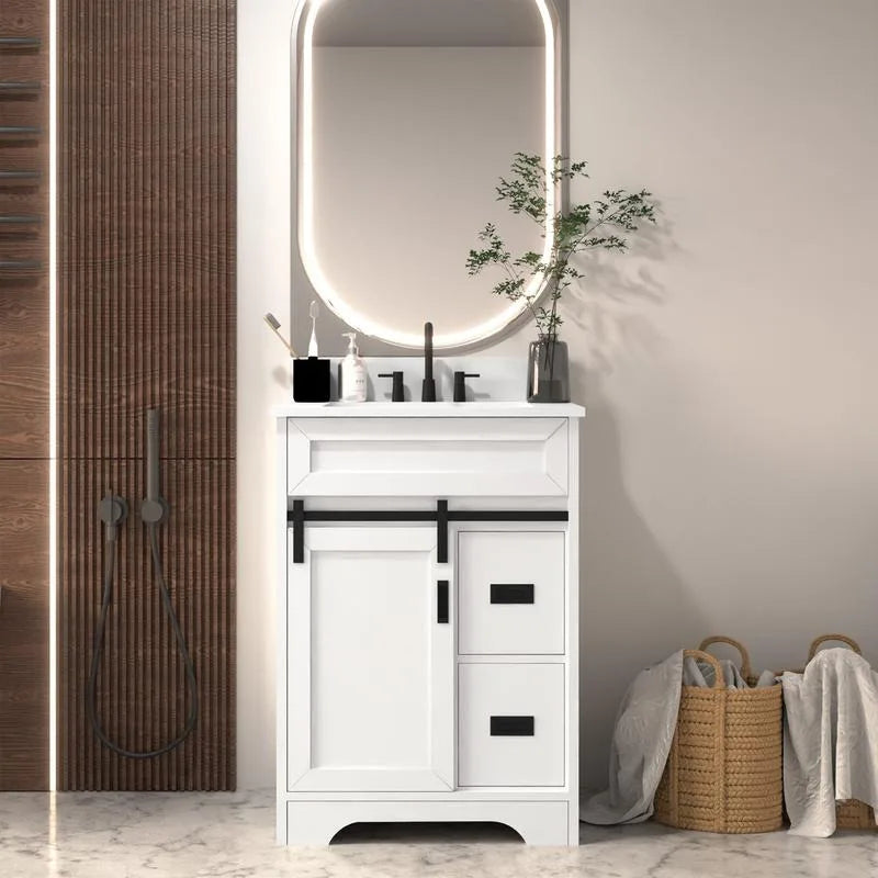 24" Bathroom Vanity with Farmhouse Undermount Bathroom Sink with Sliding Barn Doors