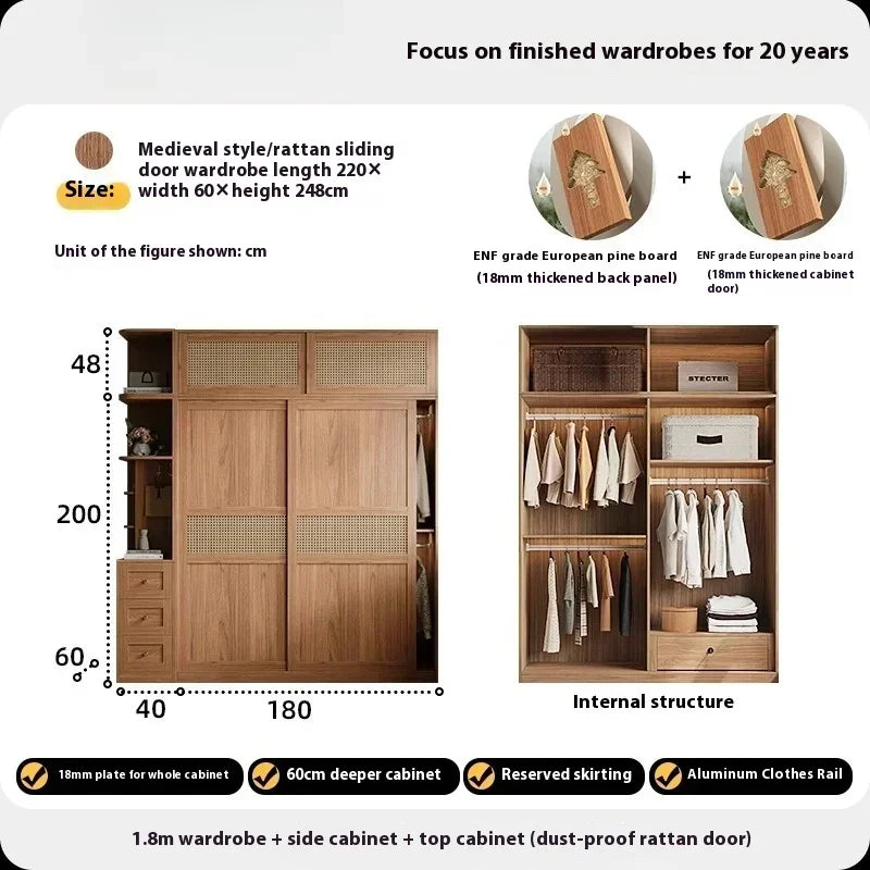 Rattan Armoire Nordic Sliding Door Large Drawers Storage Closet