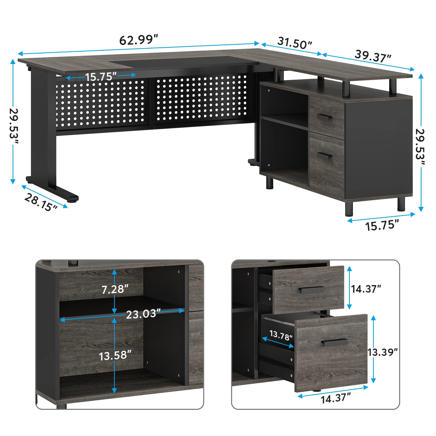 63 Inch Executive Desk with File Cabinet, Computer Desk with Drawers