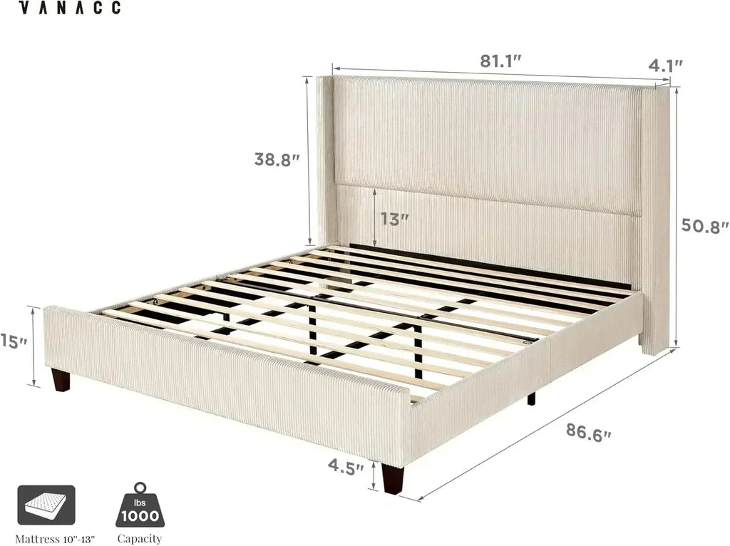 King Size Platform Bed Frame, 50.8" Corduroy Upholstered Bed with Vertical  Slats/Wingback