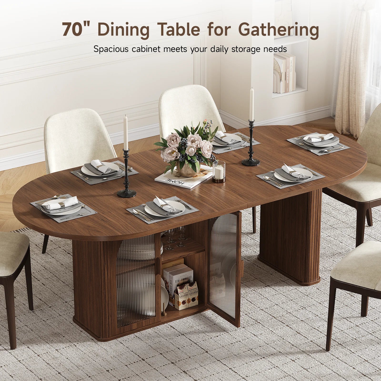 Modern Walnut 70 Inch Oval Dining Table for 6-8 People