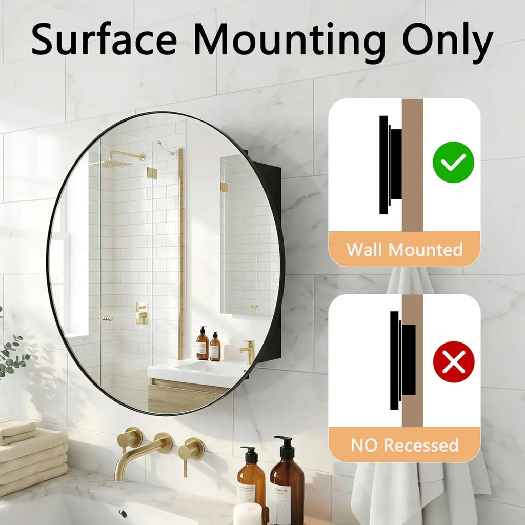 Black 52*12.5cm Round Bathroom Mirror Cabinet