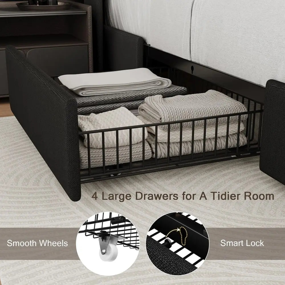 Queen Bed Frame with 4 Storage Drawers and Charging Station