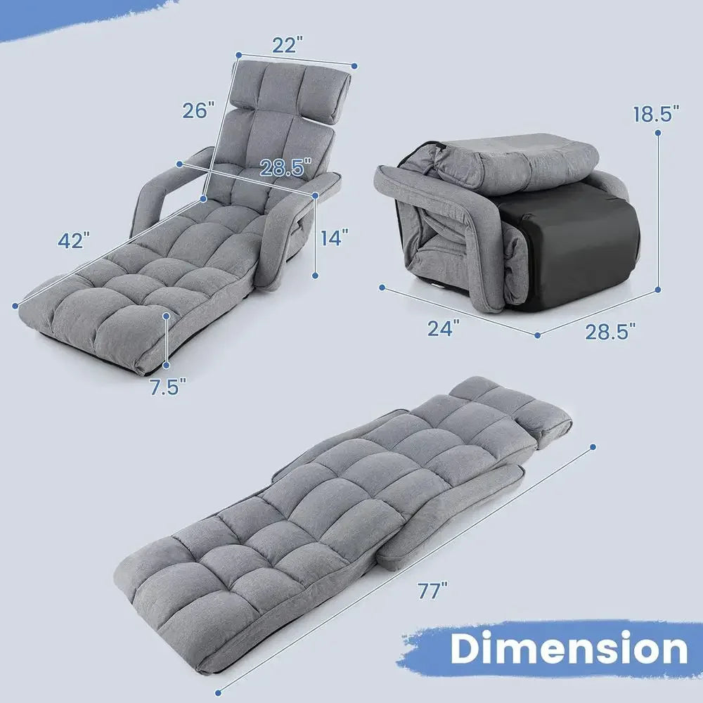 Gray 6-Position Adjustable Padded Lounger Bed with Armrest