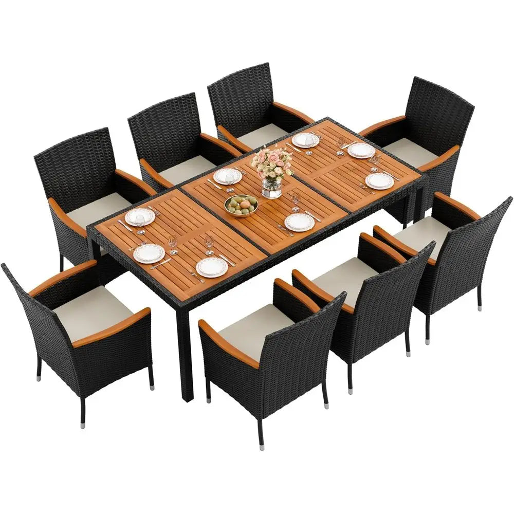 9-Piece Outdoor Acacia Wood Patio Dining Set with Cushioned Chairs