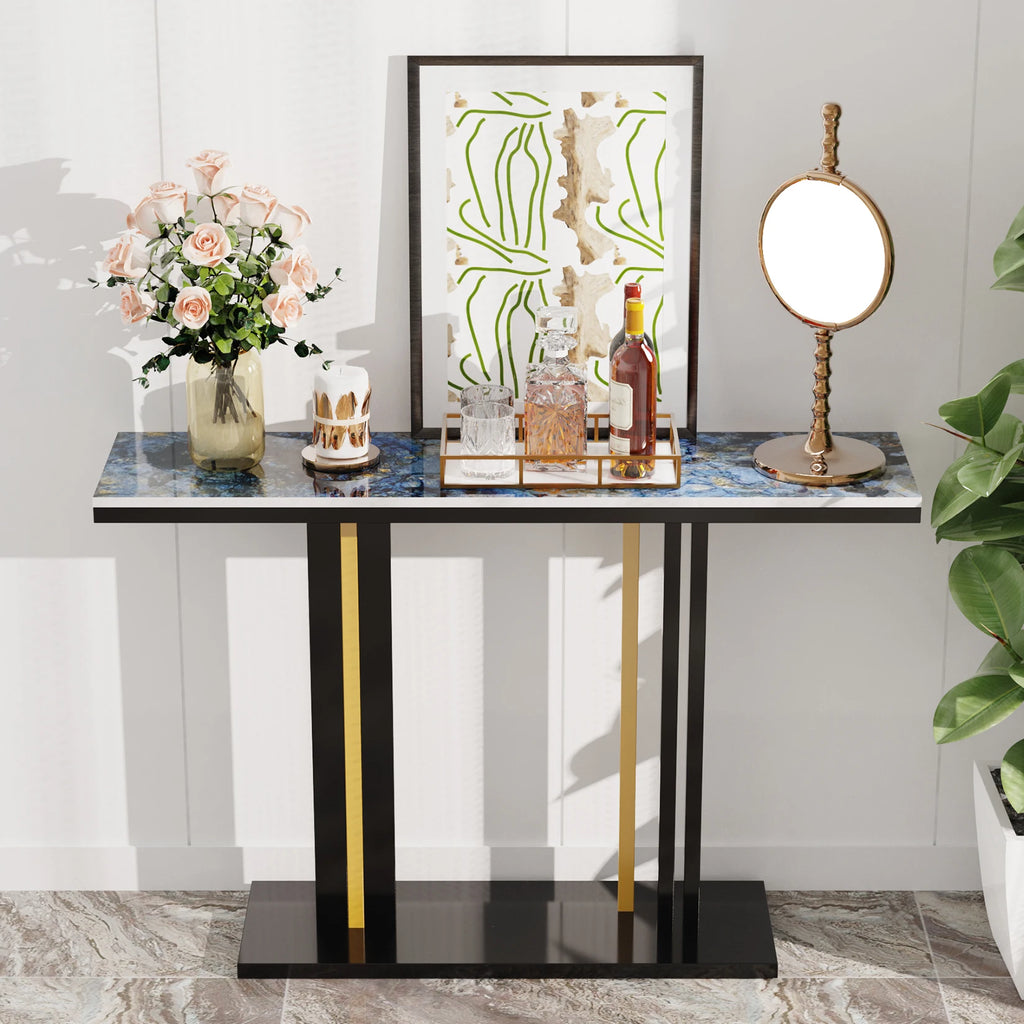 Contemporary Style Console Table with Stone Top and Pedestal Base