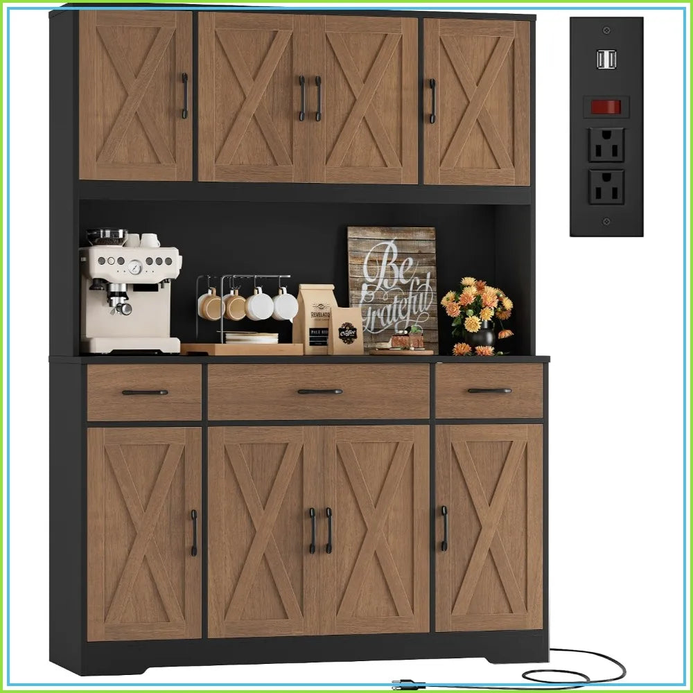 71" Tall Pantry Cabinet with Charging Station, 55" Wide Kitchen Storage, Hutch with Drawers, Brown/Black