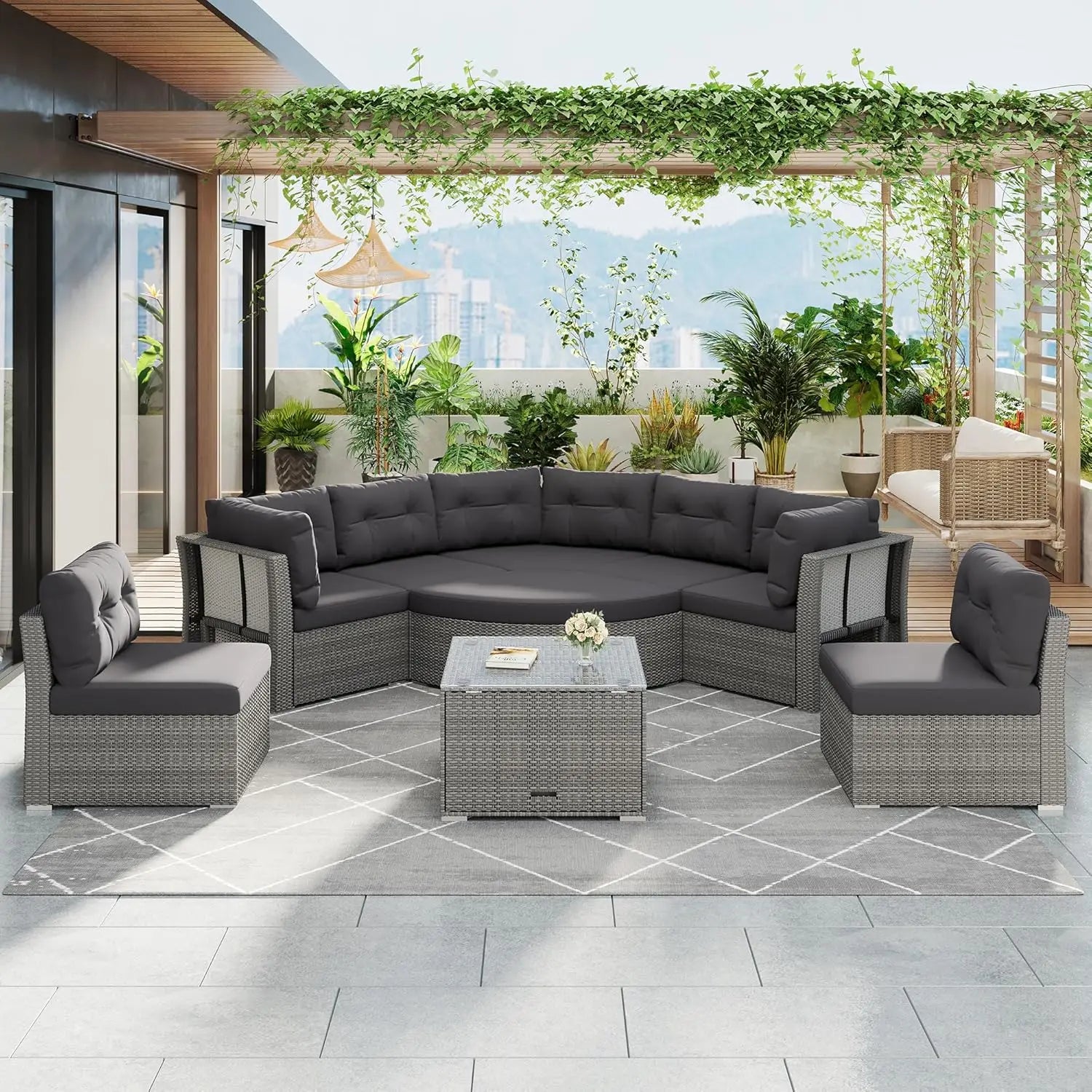 Acacia Wood Half-Moon Outdoor Sofa Set