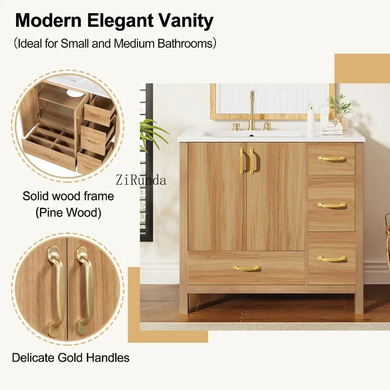 Wood Bathroom Vanity with Solid Wood Frame, 2 Soft Close Doors, 4Soft Close Drawers,