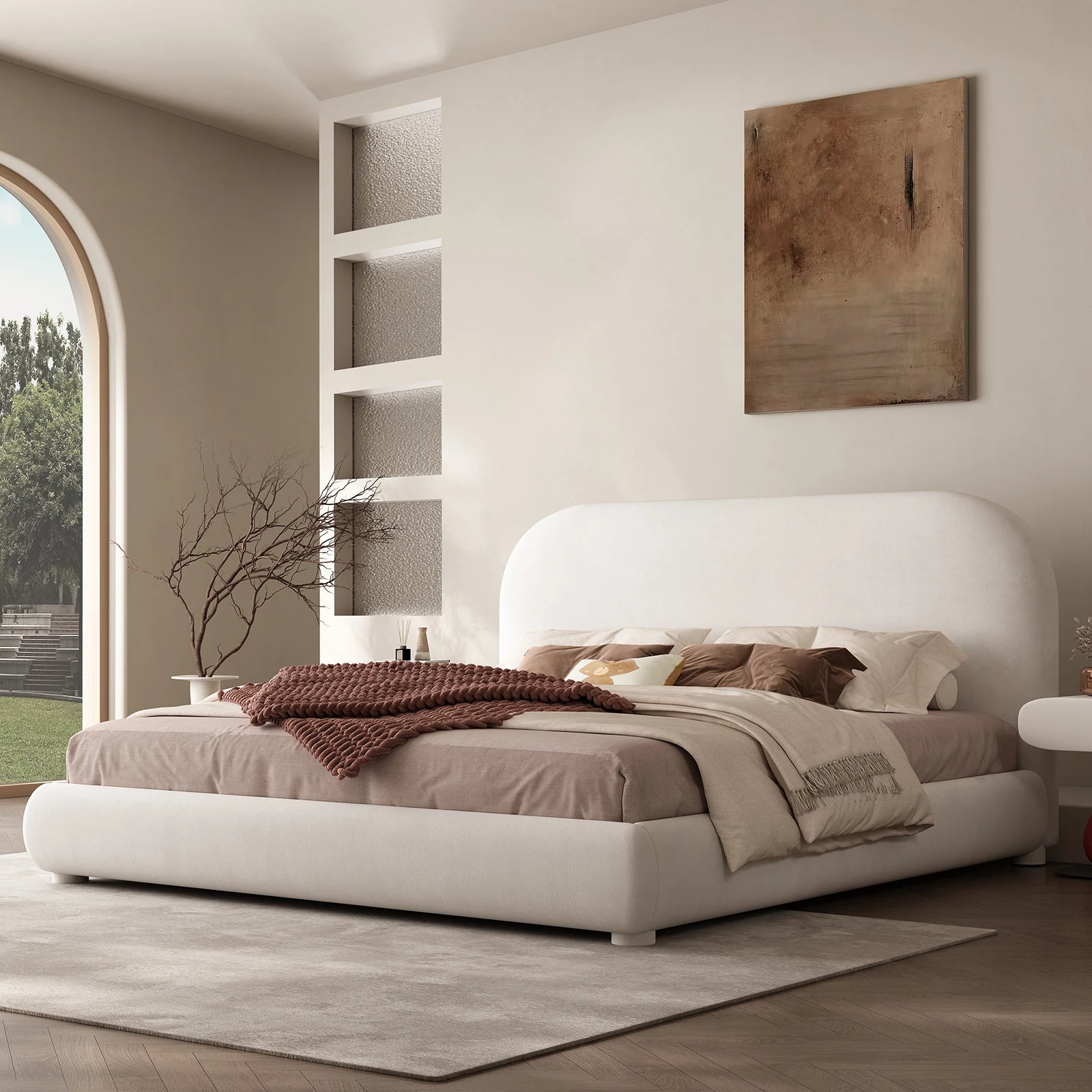 Queen Size Boucle Bed Frame, Upholstered Cloud Bed Frame with Headboard, Soft Platform Bed Frame with Thickened Footboard, Rounded Corners, No Box Spring Required