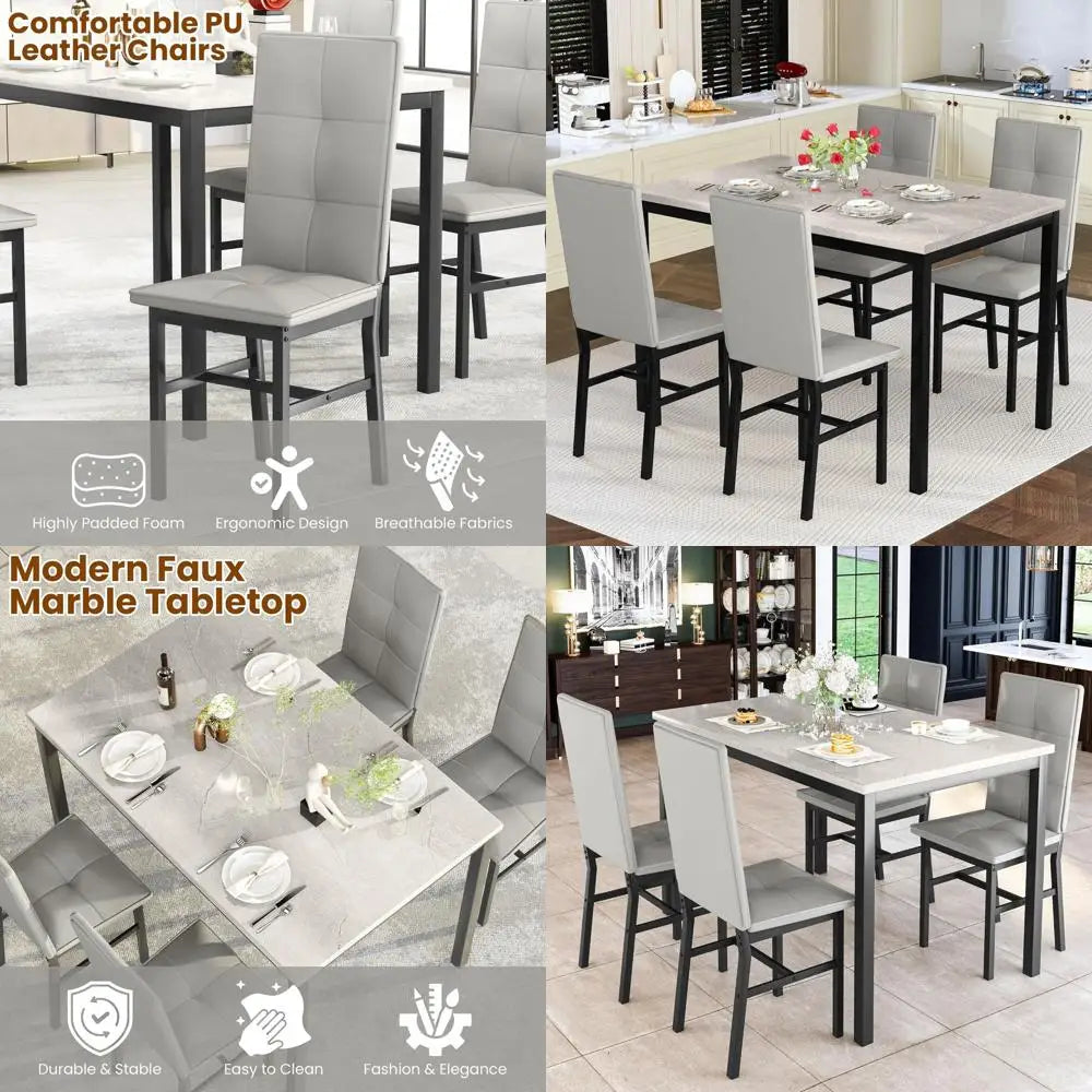 4-Person Marble Kitchen Table with 4 PU Leather Chairs,