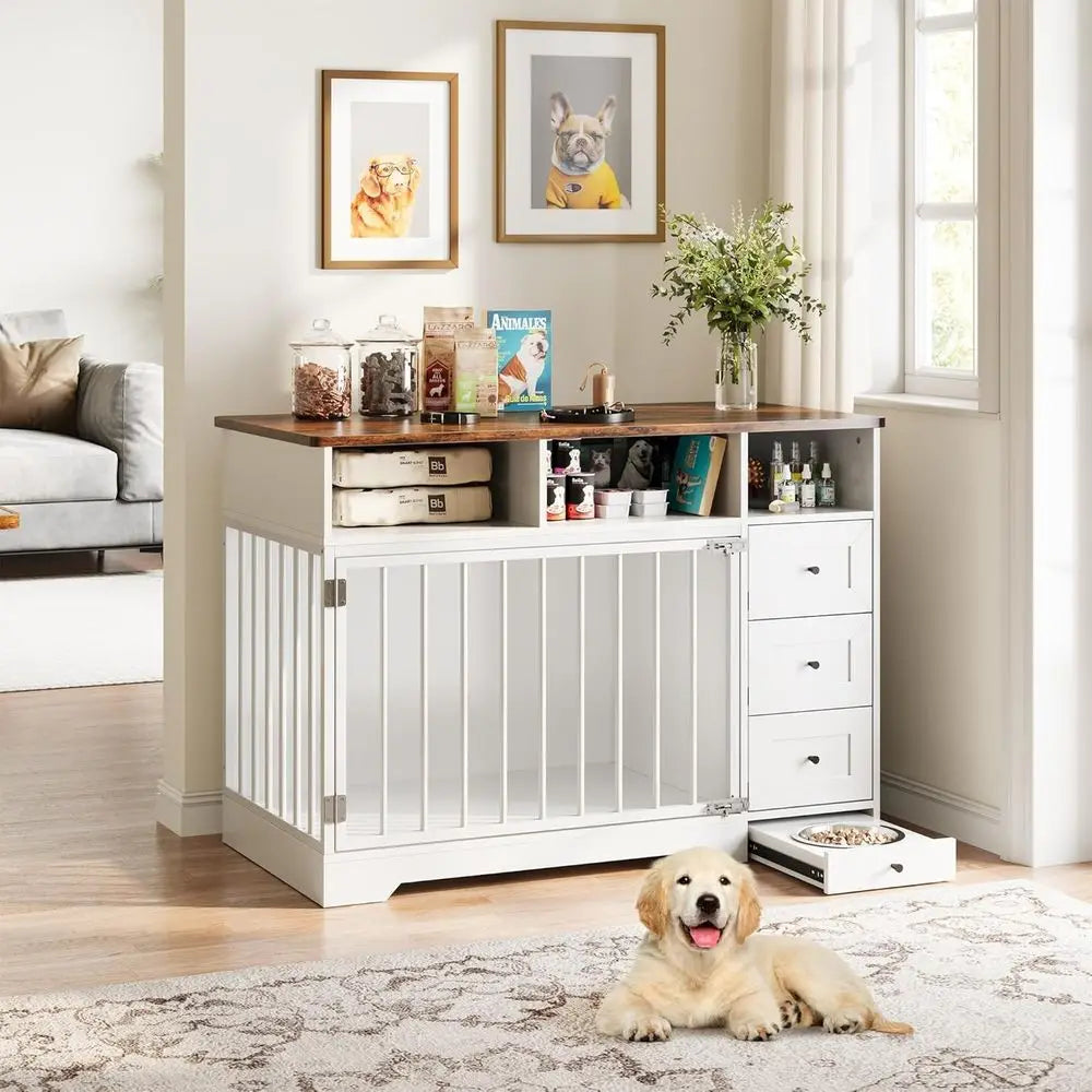 Durable Wooden Dog Crate with Bowl Holder & Storage Drawers, Suitable for Large Breeds, Indoor Pet Cage