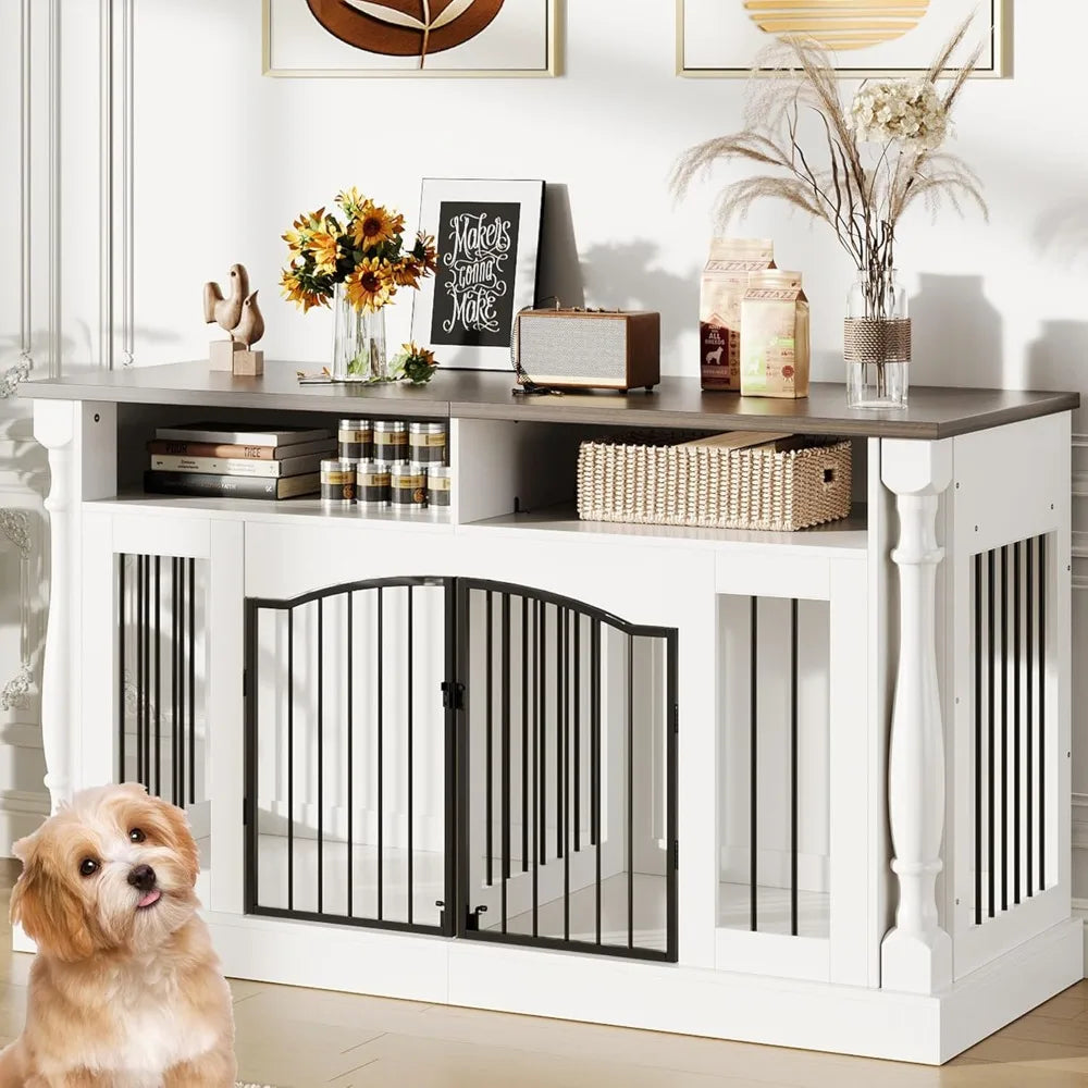 Roman Column 63 Inch Large Dog Crate Furniture for 2 Dogs with Open Storage, Heavy Duty Dog Kennel Entertainment Table TV Stand for Small and Medium Dogs