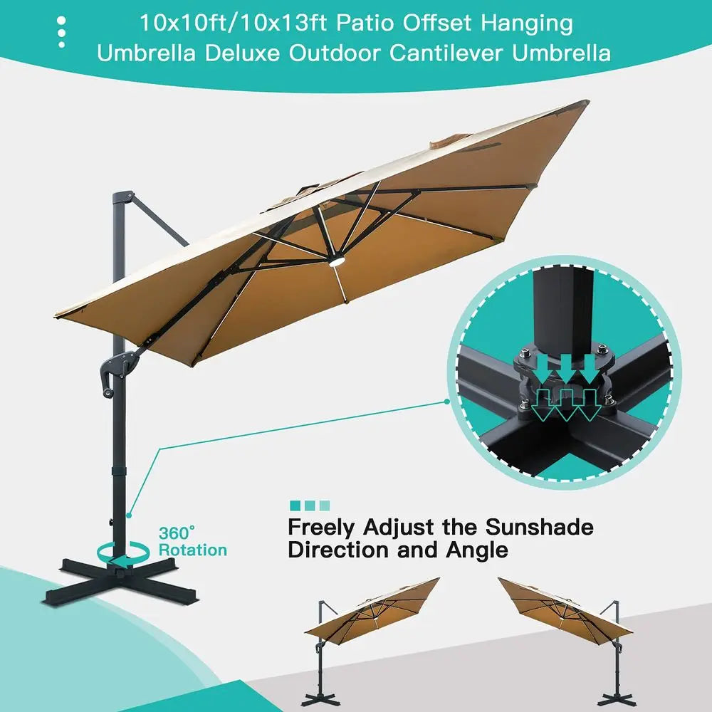 LEAF 12FT Patio Umbrella Square Cantilever Umbrella Teak Finished Aluminum Frame Large Windproof Offset Outdoor Sun Umbrellas f