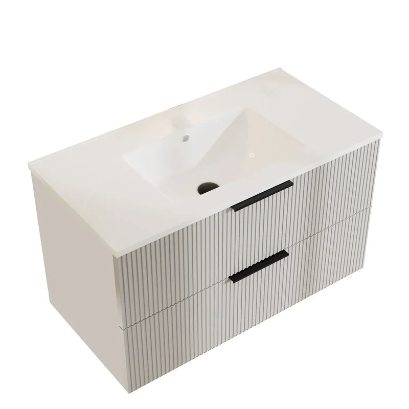 36 Inch Wall Mounted Floating Vanity with Ceramic Sink and Drawers