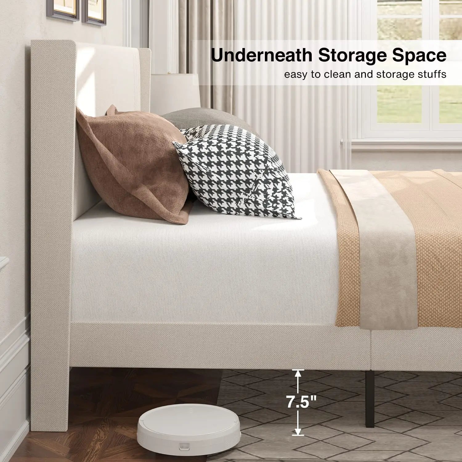 Queen Bed Frame with Wingback Headboard, Upholstered Platform Bed, Wooden Slats, Noise-Free, No Box Spring Needed,, Customized