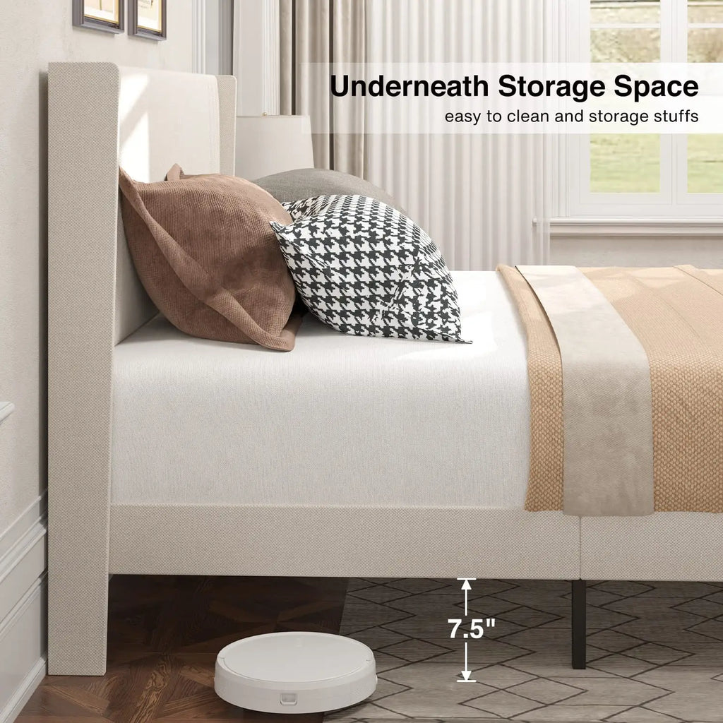 Queen Bed Frame with Wingback Headboard, Upholstered Platform Bed, Wooden Slats, Noise-Free, No Box Spring Needed,, Customized