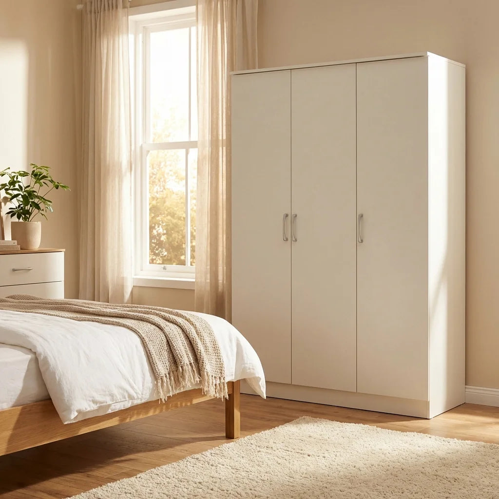 White 3 Door Wardrobe Armoire with Shelf and Hanging Rail