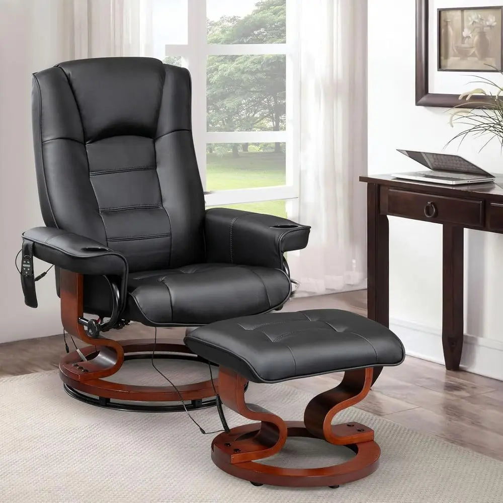 Black Leather Electric Massage Recliner with Ottoman and Swivel Lounge Chair for Relaxation in Living Room, Office, and Bedroom