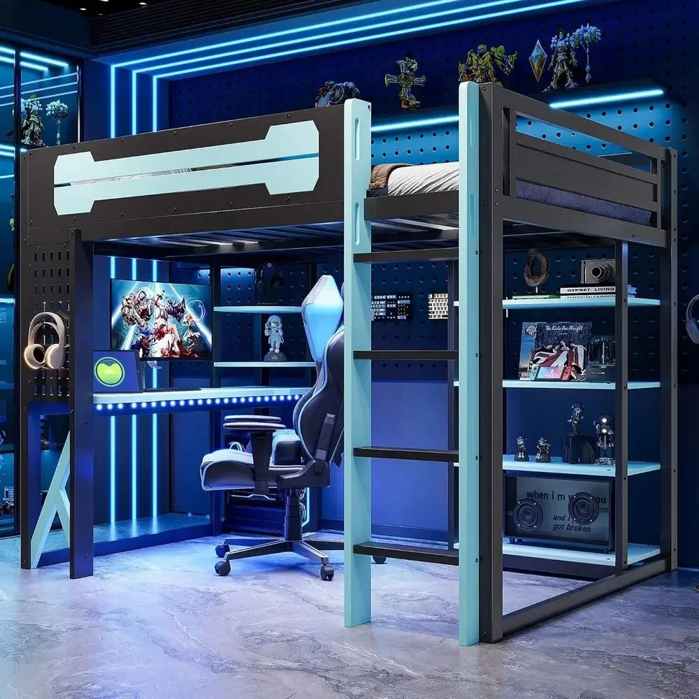 Full Size Gaming Loft Bed with Desk, USB Ports, LED Lights,