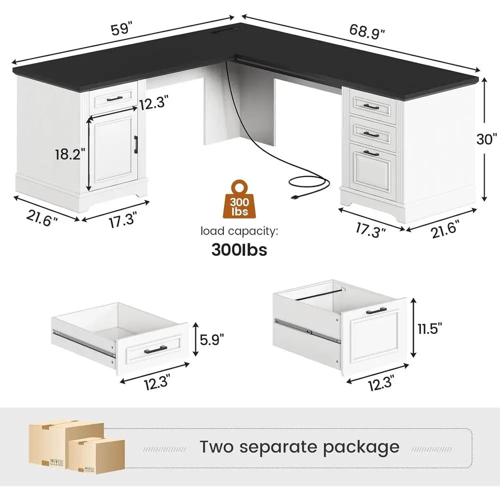 L-Shaped Desk with Drawers, Storage Cabinet, and Power Outlet,