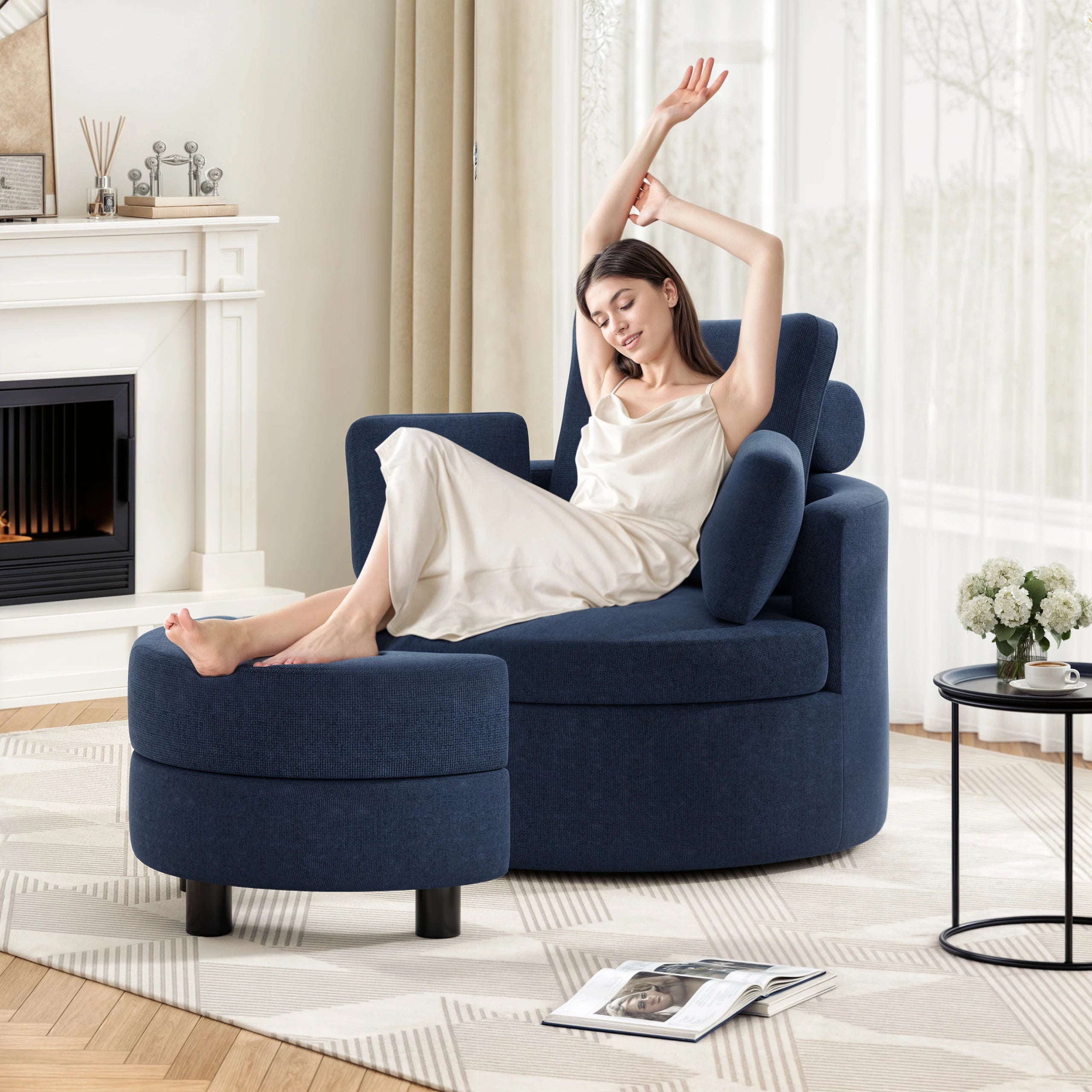 Oversized Swivel Barrel Chair with Storage Ottoman