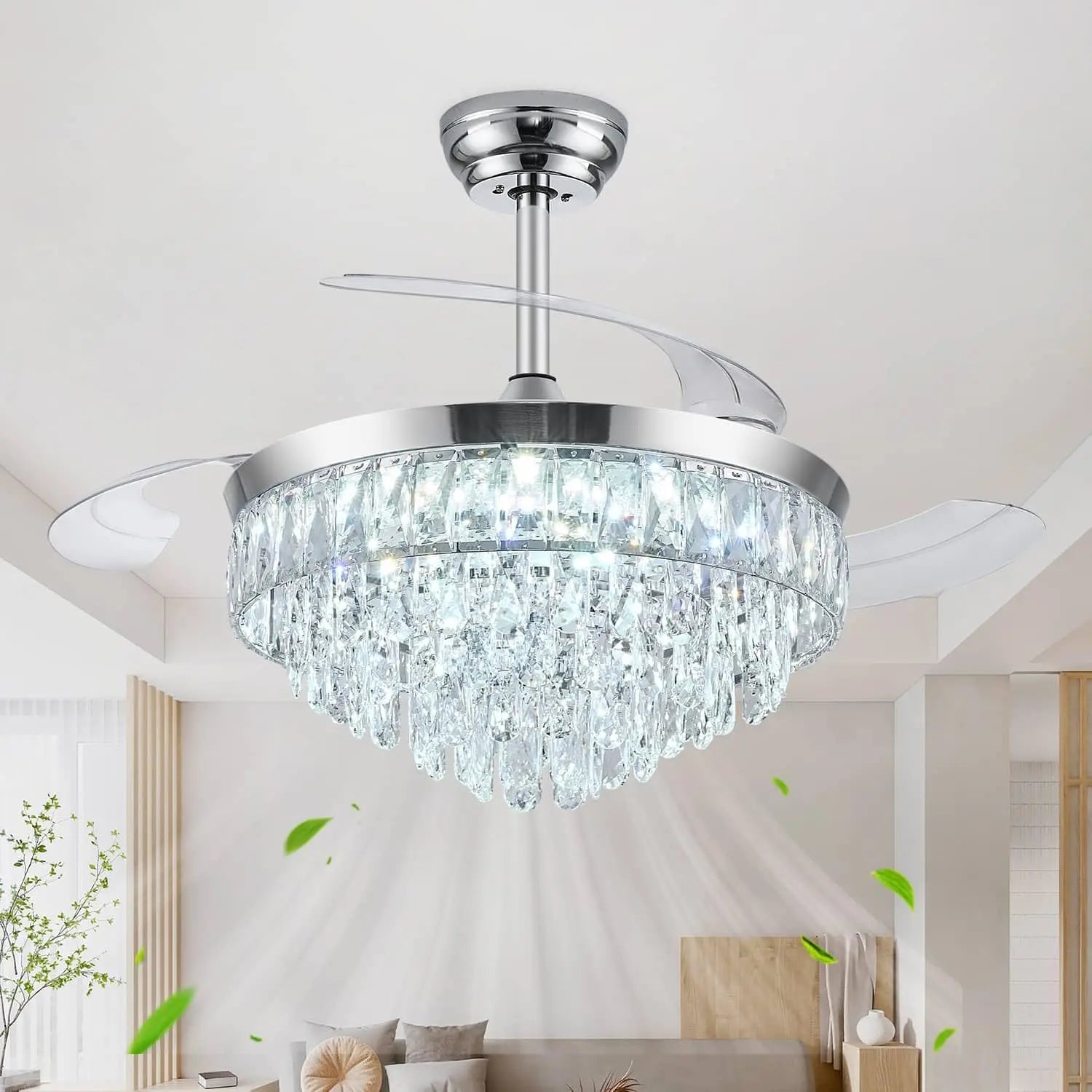 42 Inch Chrome Retractable Ceiling Fan With Light, Remote