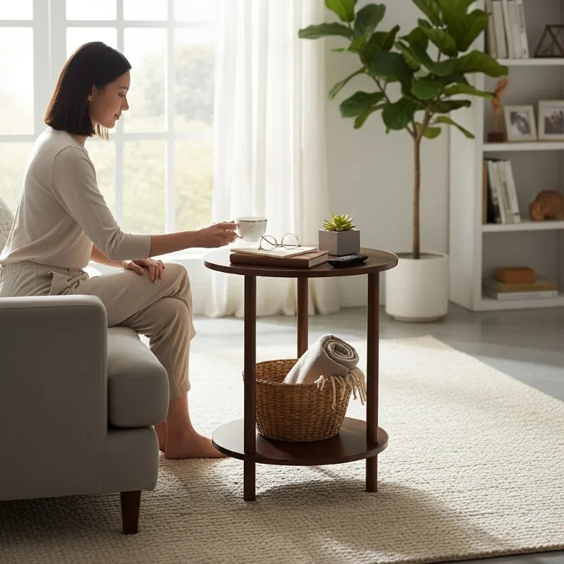 Modern Round Nesting Coffee Table, 2-Tier Wood Table in Walnut