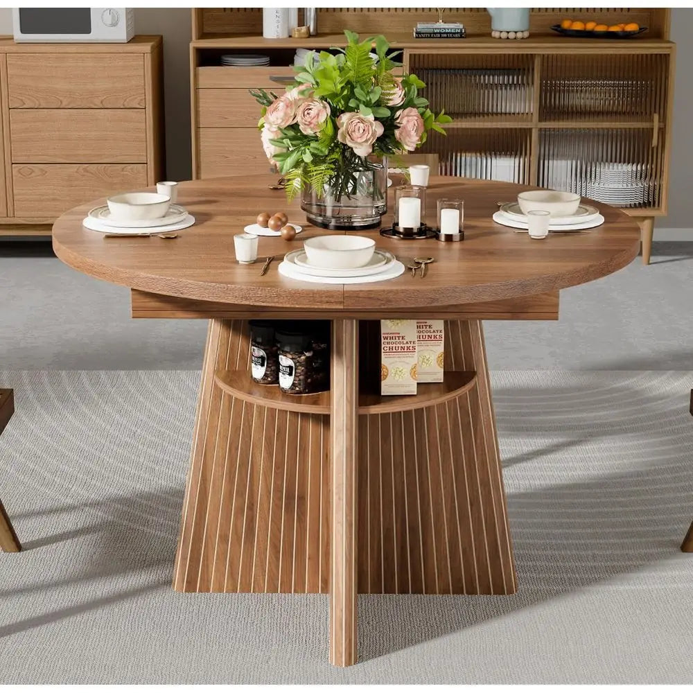 Expandable Round Dining Table 4-8 Seats with Luted Base