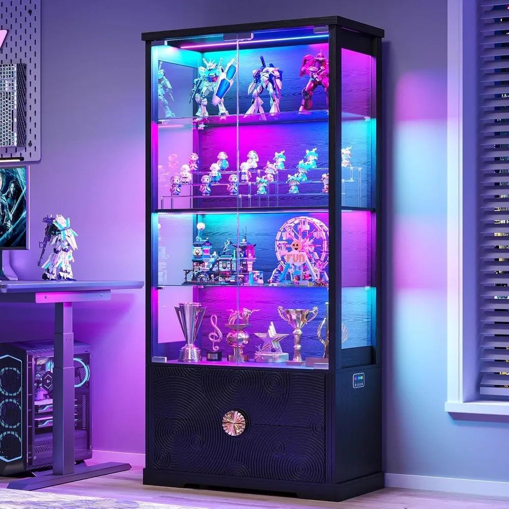 RGB Glass Display Cabinet with Door, 4-Tier Curio Cabinet