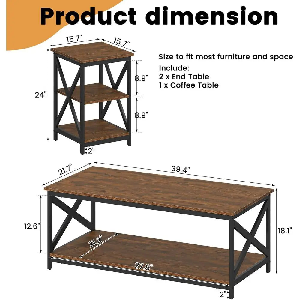3-Piece Industrial Style Coffee Table Set