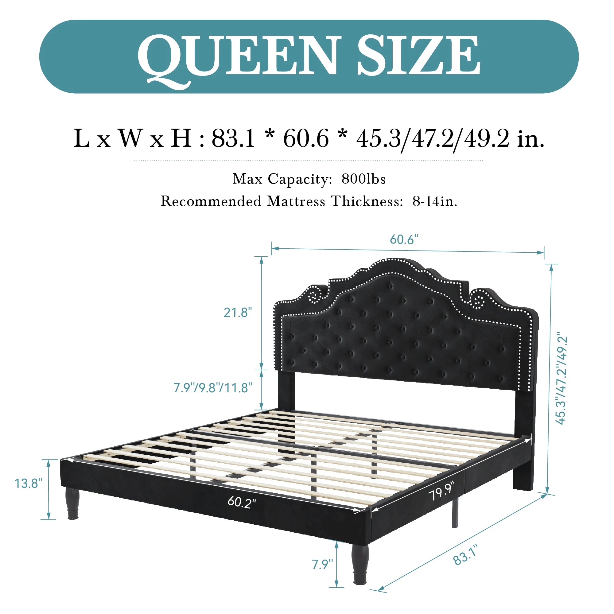 Full/Queen/King Size Velvet Bed Frame with Adjustable Tiara Headboard,