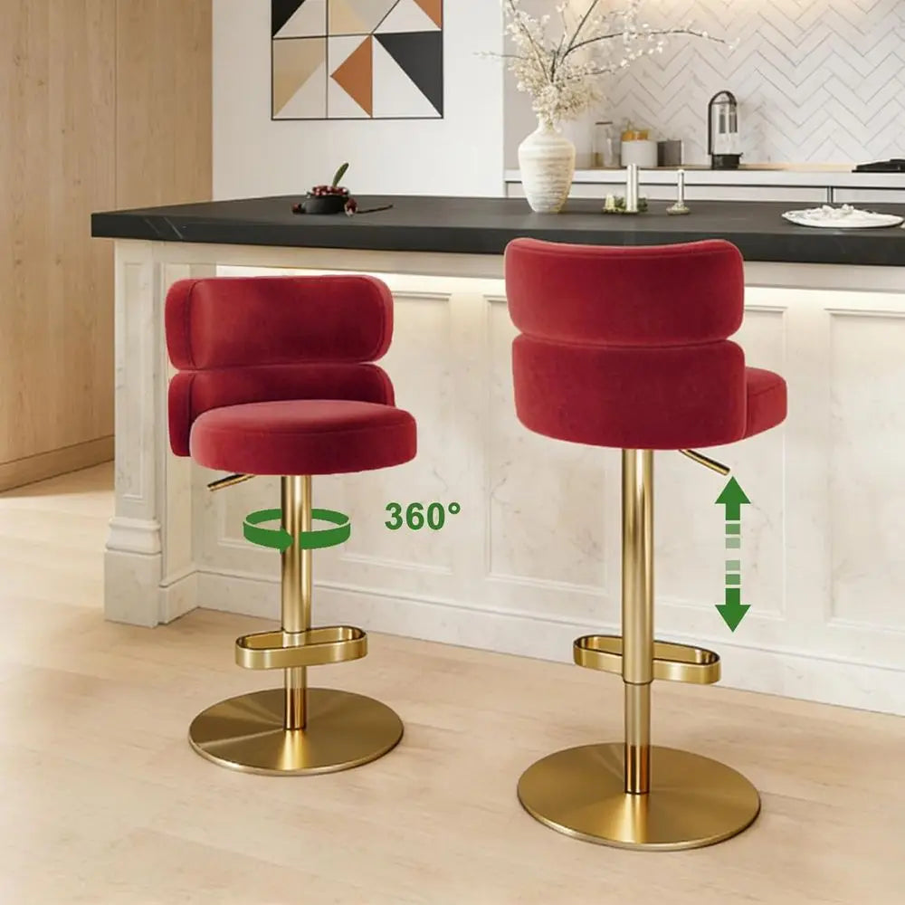 Adjustable Velvet Bar Stool with Gold Base, Red (1 Piece)