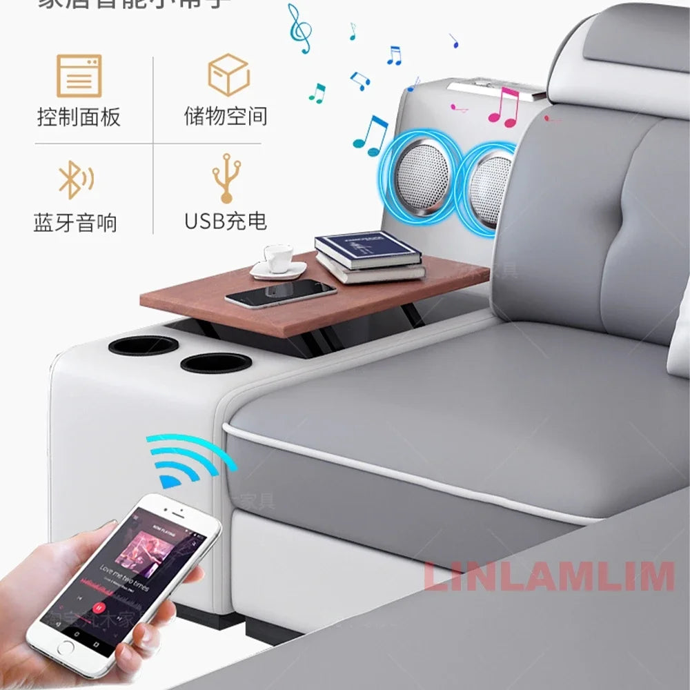 Modern Scientific Fabric Sectional Sofa Set Chaise Lounge, Bluetooth Speakers, USB Charging Ports