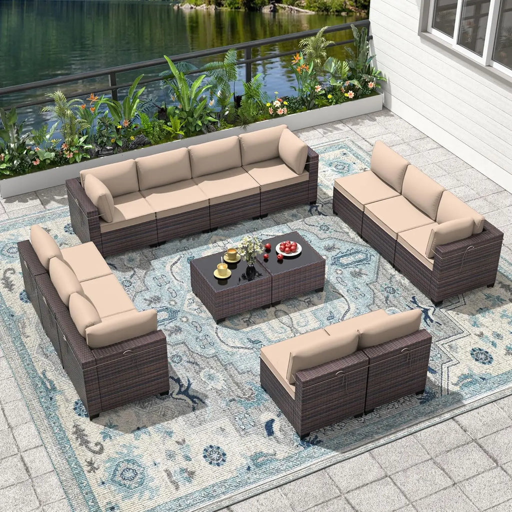 14 Pieces Patio Set, Sectional Furniture Rattan Wicker Set