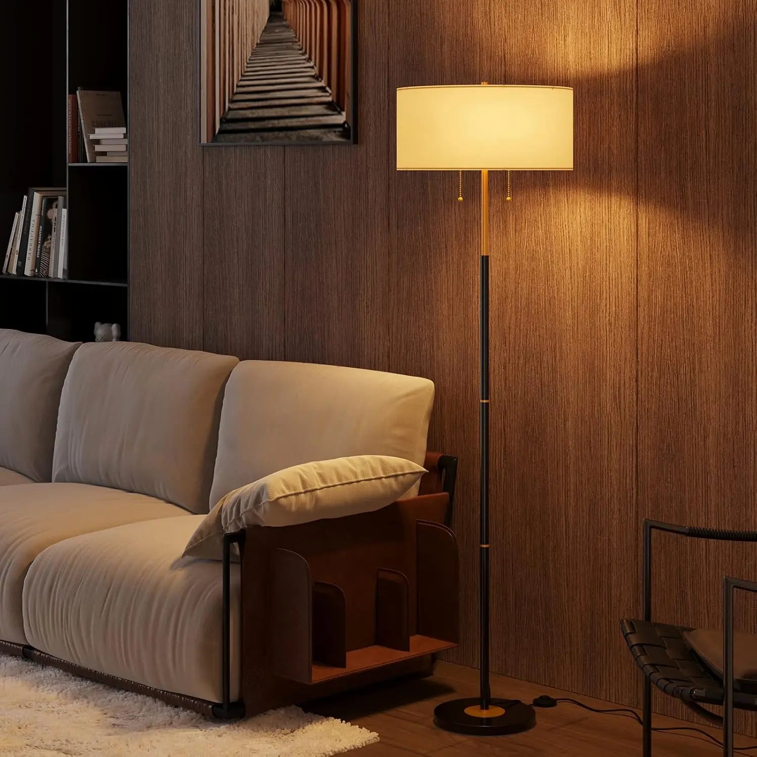 2-Light Floor Lamp with White Fabric Shade