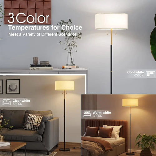 2-Light Floor Lamp with White Fabric Shade