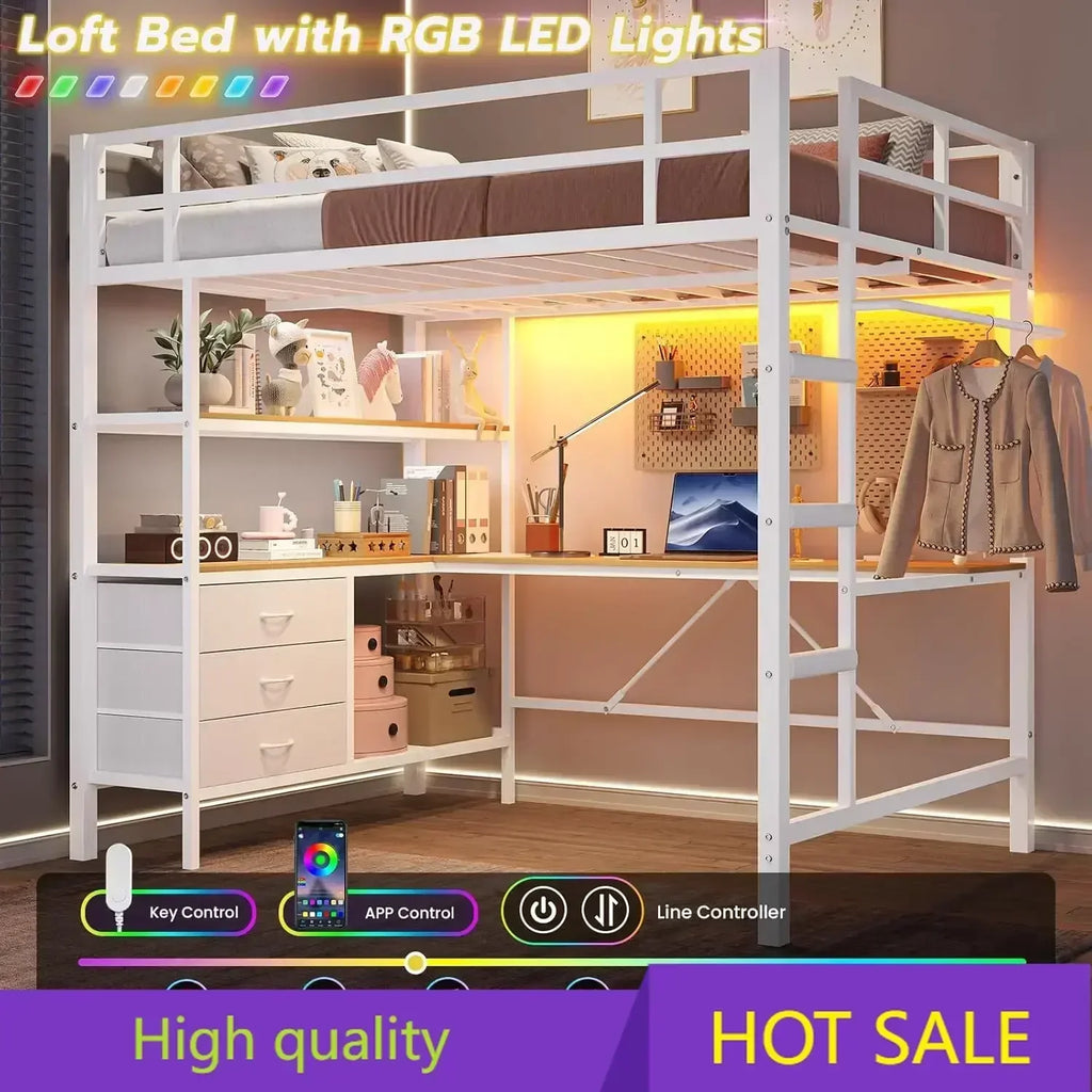 LED Lights and Charging Station Full Metal Loft Bed