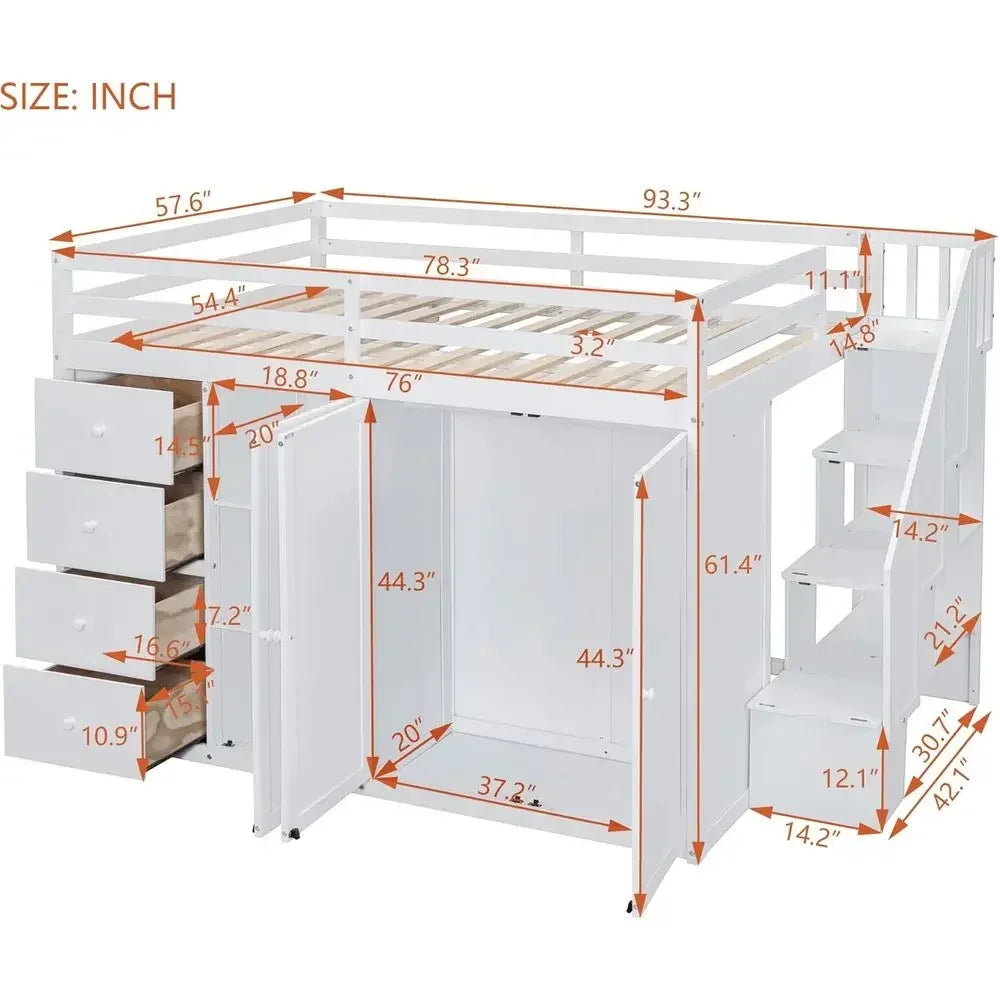 White Full Loft Bed with Stairs, Wooden Bed Frame, Storage and Cabinet, Suitable for Kids, Teens, and Adults