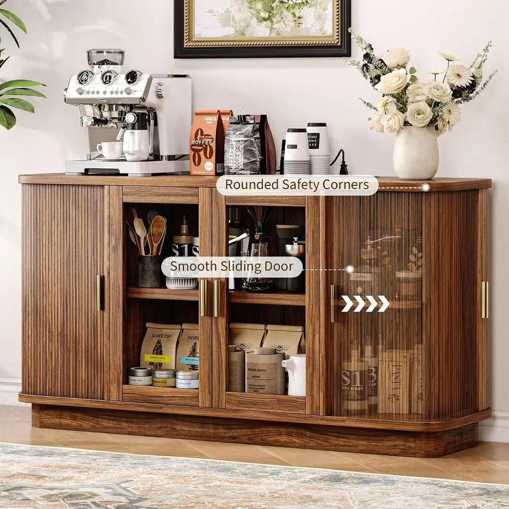 Walnut 63 Sideboard Buffet Cabinet with Sliding Doors, Adjustable Shelves for Kitchen, Dining, or Hallway