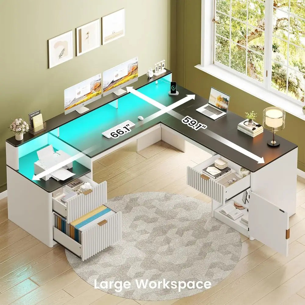 L-Shaped Desk with Drawers, Hutch, File Cabinet, Printer Shelf, LED Lights, Power Out