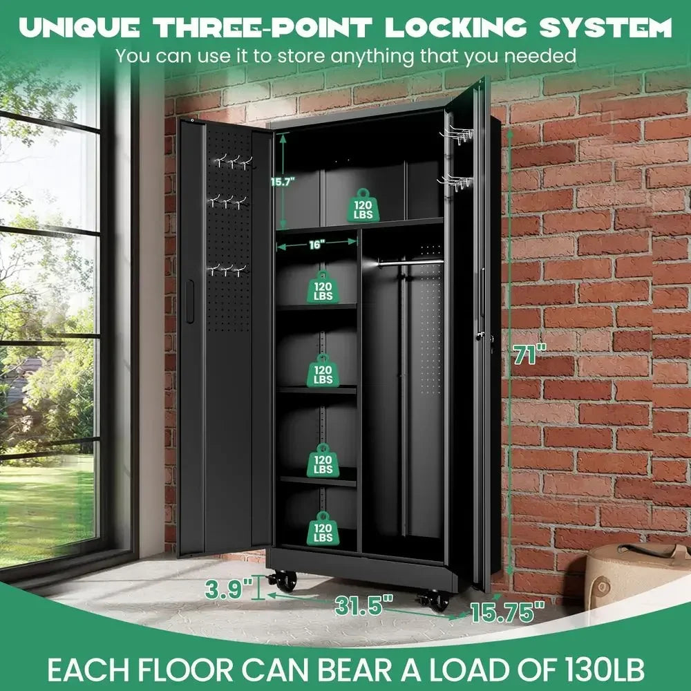 Tall Broom Closet Storage Cabinet with Lock,Heavy Duty Garage Storage Cabinet,Large Cleaning Cabinet with Adjustable Shelves am