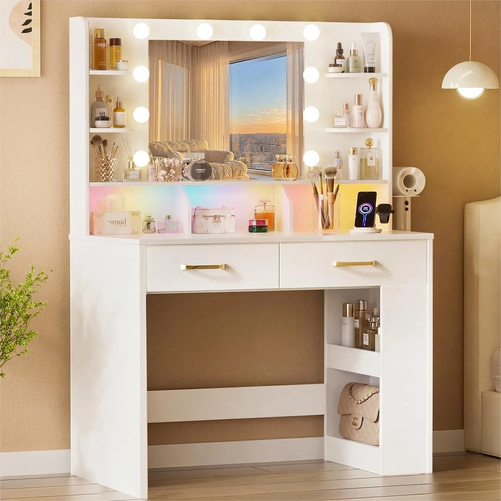 Vanity Desk with Lighted Mirror and Power Outlet, RGB LED Lights