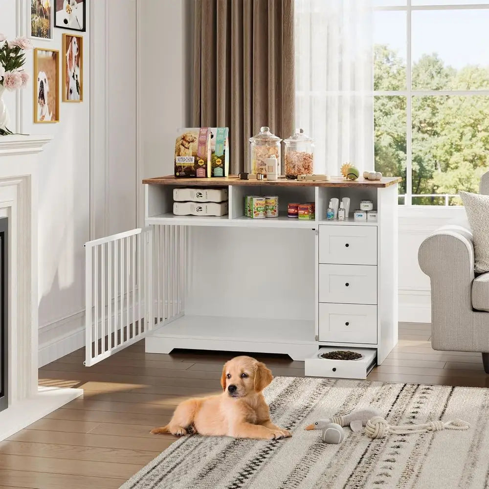 Durable Wooden Dog Crate with Bowl Holder & Storage Drawers, Suitable for Large Breeds, Indoor Pet Cage
