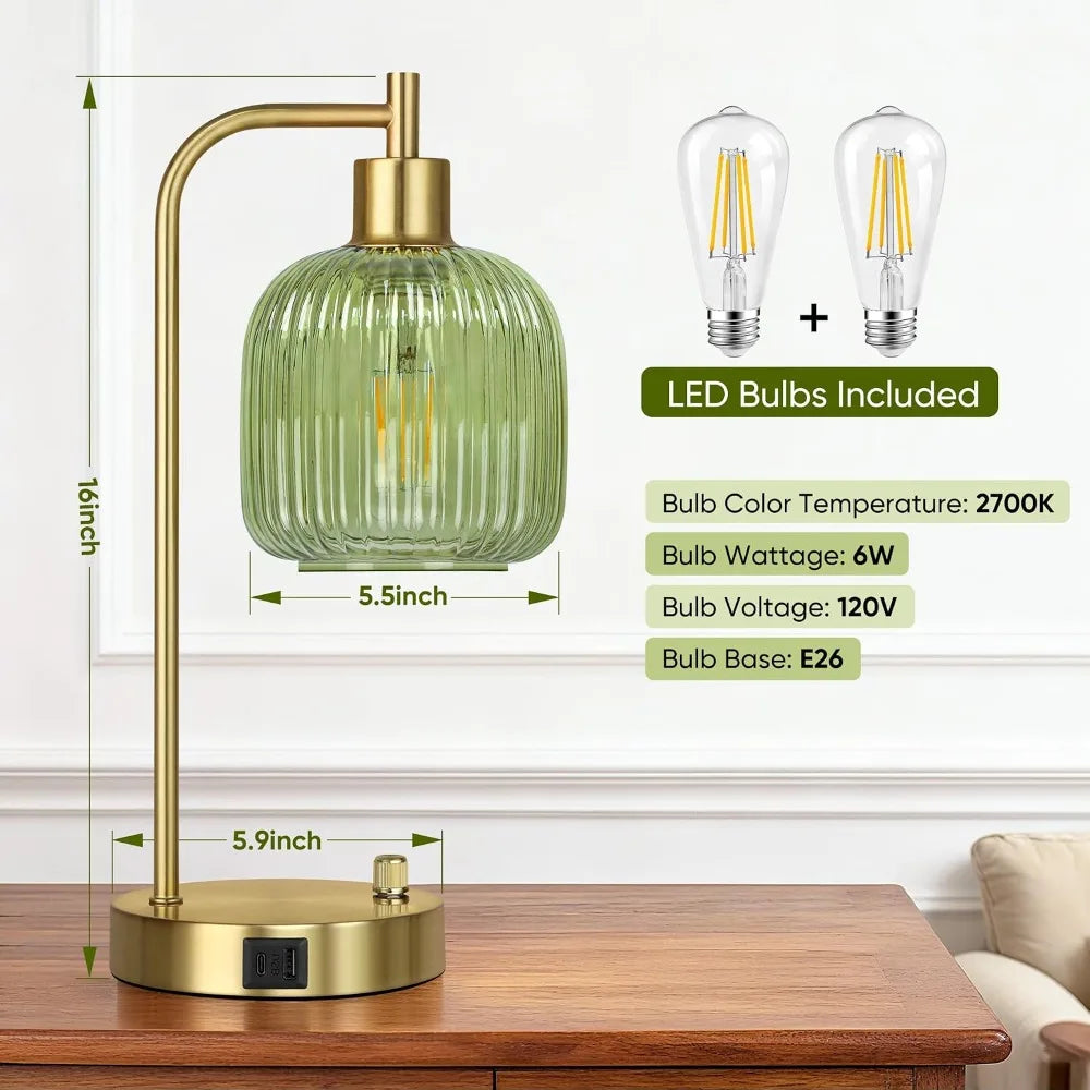 Industrial Table Lamp Set of 2, Green Glass