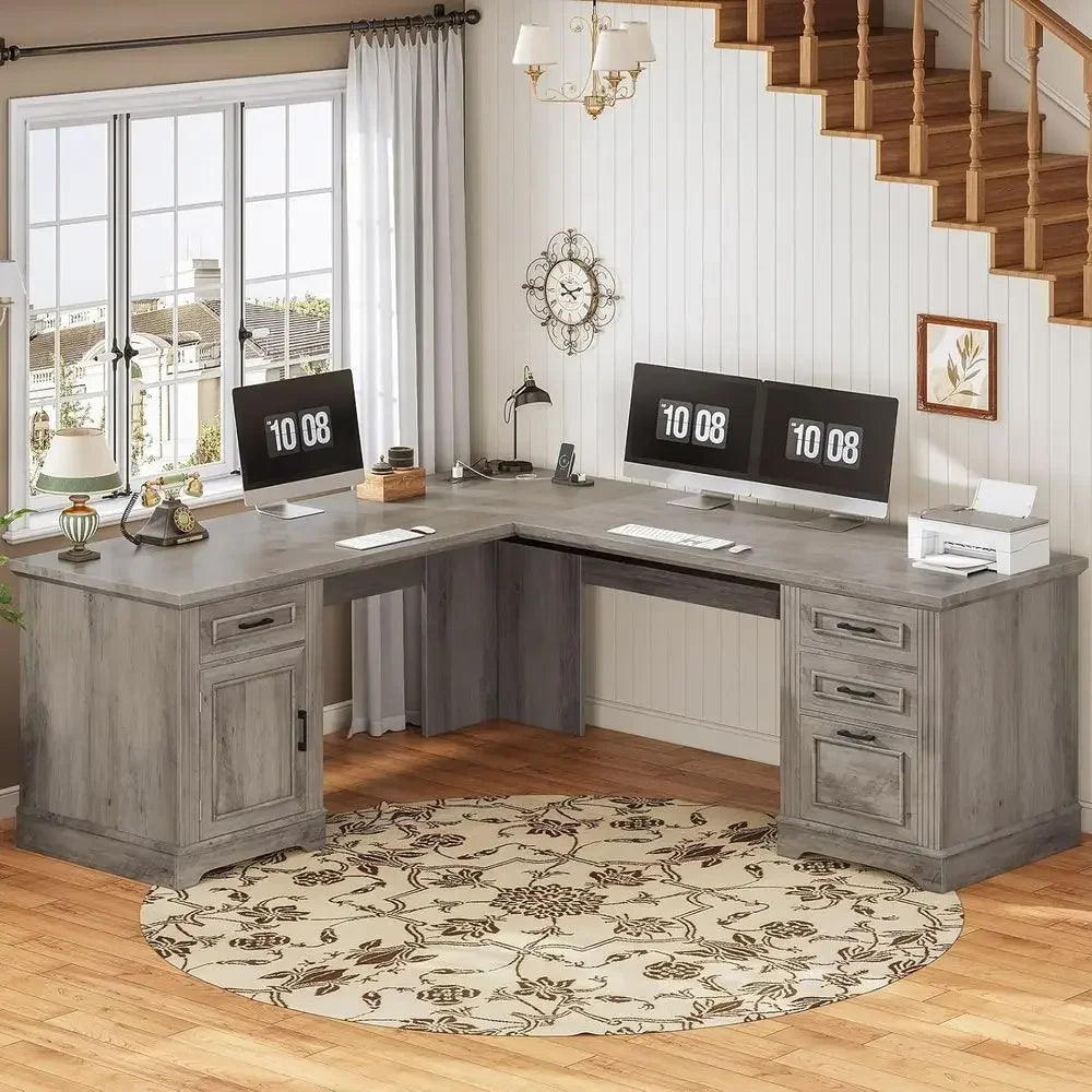 L-Shaped Office Desk with Drawers, Storage, and Power Outlet in Grey