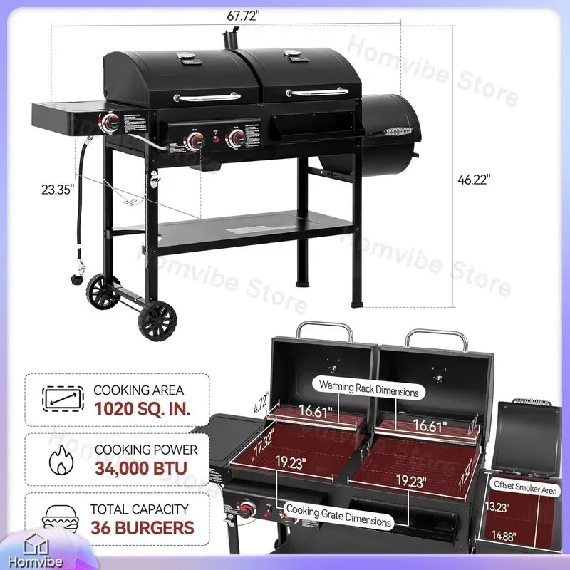 2 Burner Gas Charcoal Grill with Offset Smoker