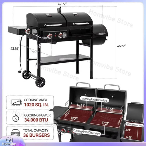 2 Burner Gas Charcoal Grill with Offset Smoker